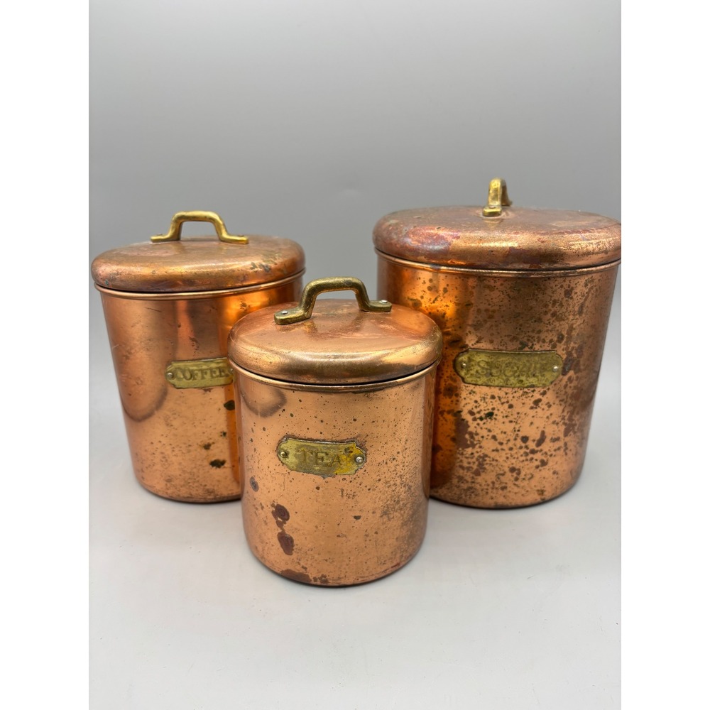 Vintage Copper Canister Set 3 Piece Sugar Coffee Tea Brass Handles Patina